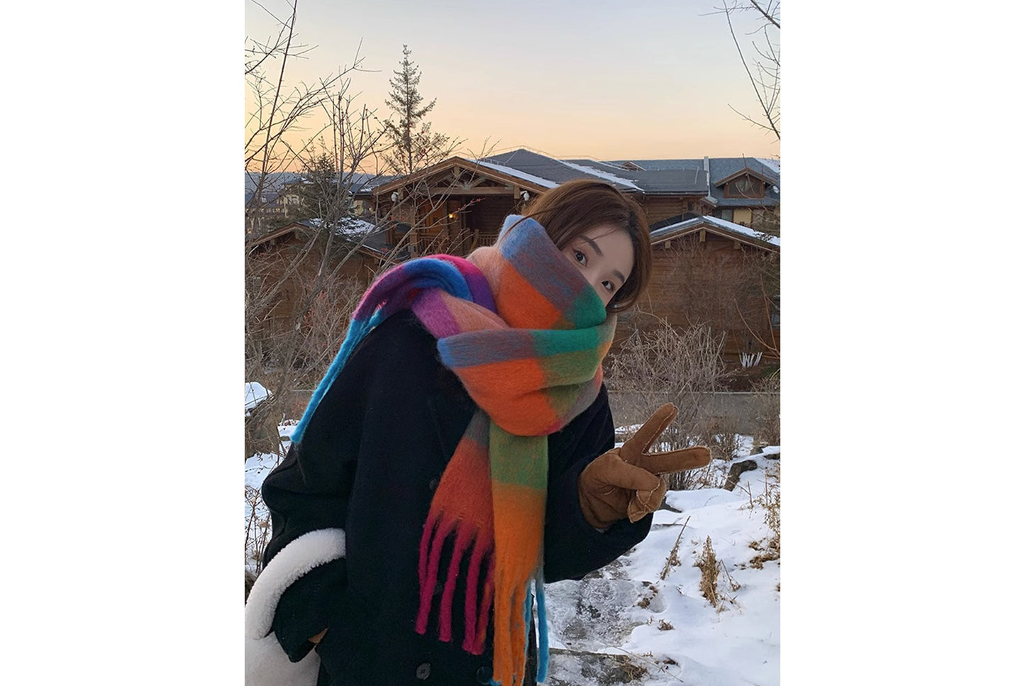 **Rainbow Color-Blocked Checkered Thick Scarf**