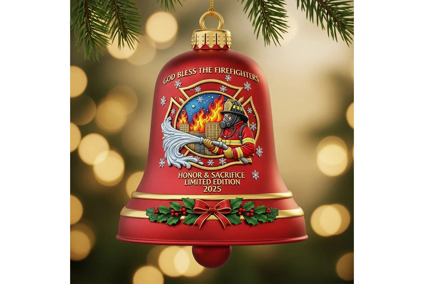 **Firefighter Christmas Bell Ornament | Metal Holiday Ornament**