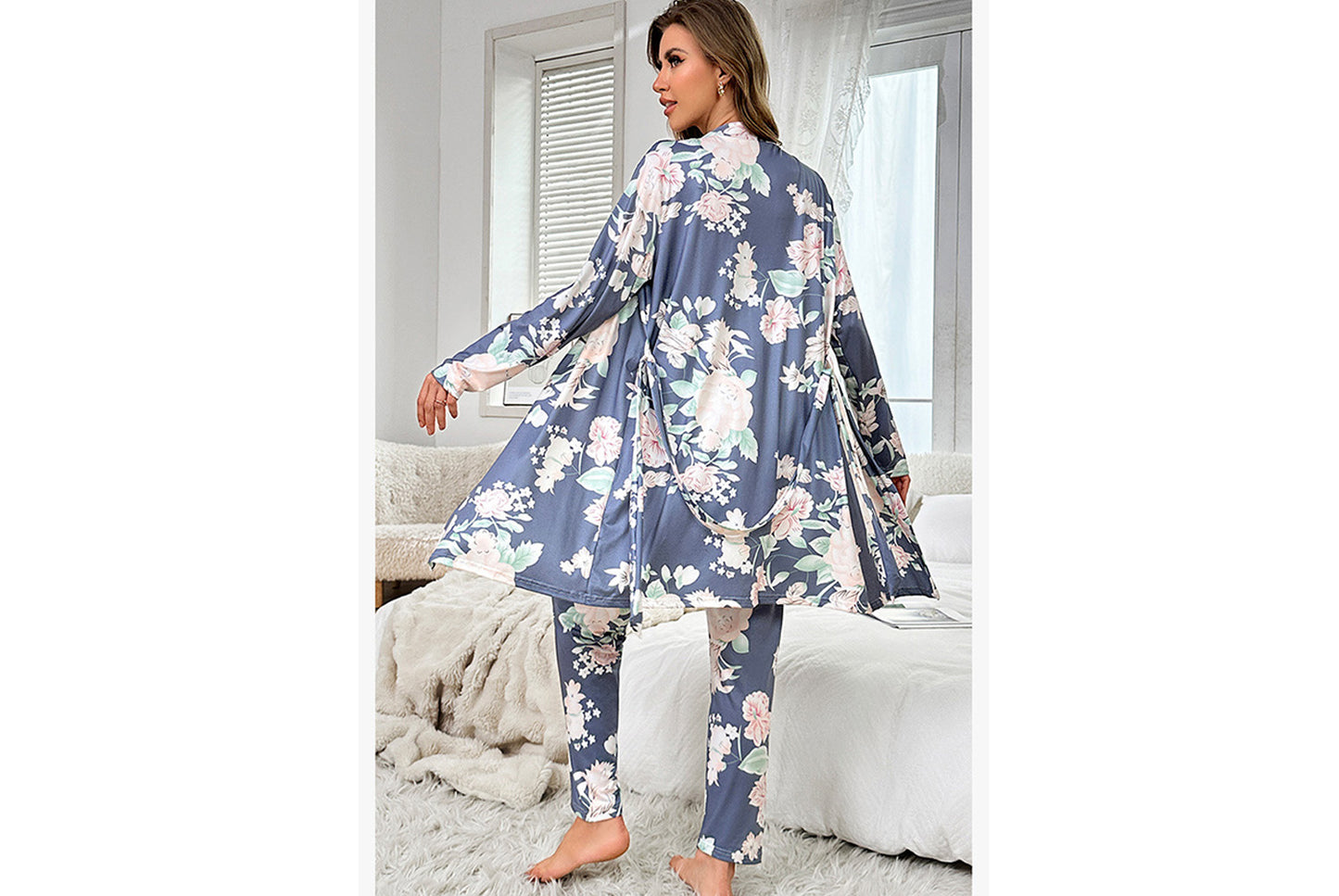 **Three-piece loungewear set with robe, suspenders, and pants**