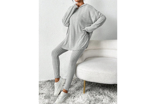 **Solid Color Ribbed Hooded Set | Casual Sports Two-Piece Set**