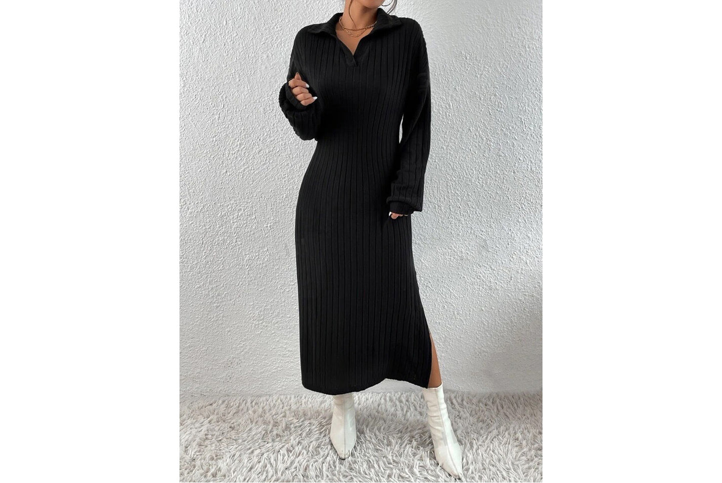 Solid Color Off-Shoulder Slit Dress(No belt)