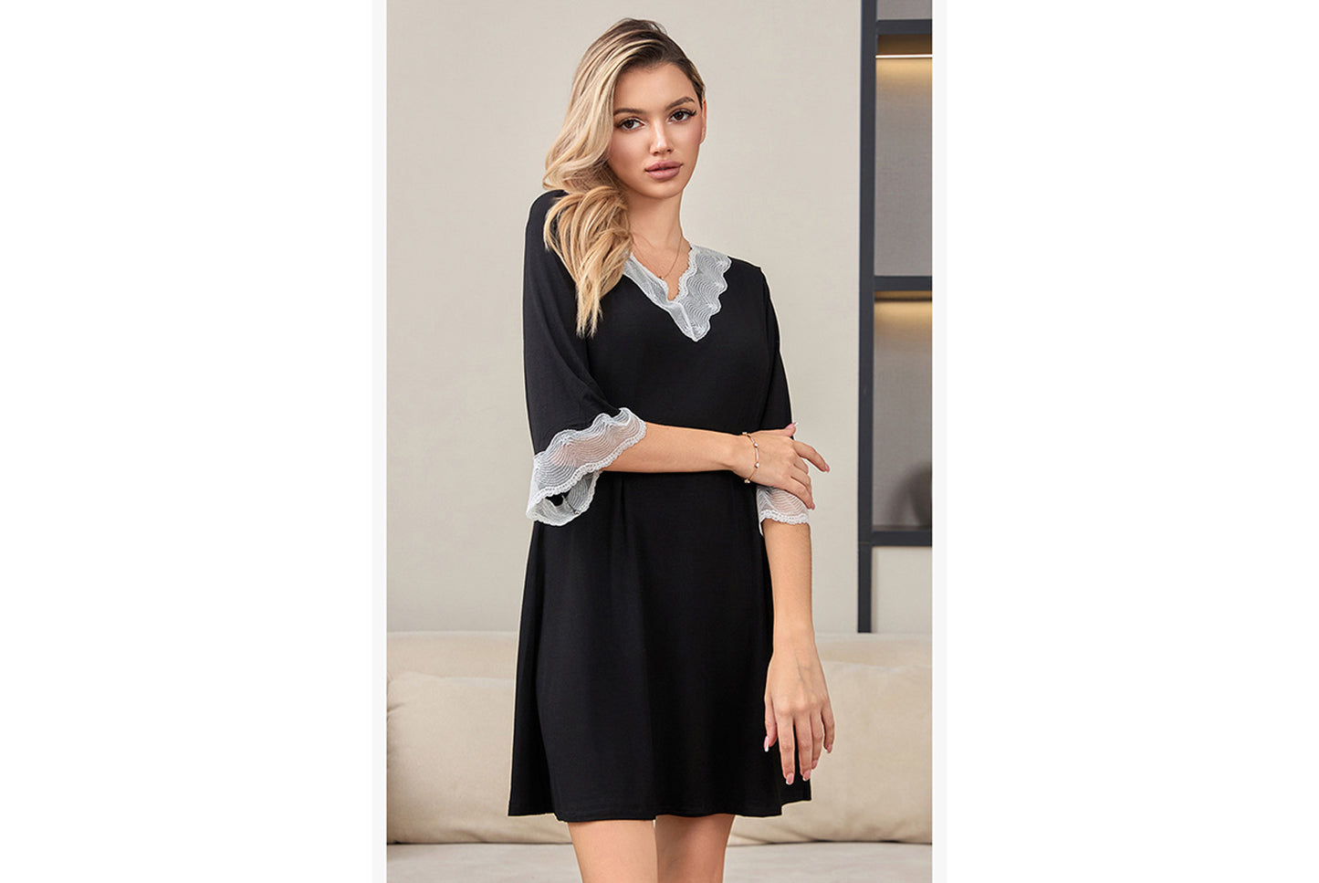 **Lace-Panel Sexy V-Neck Pure Modal Cotton Loungewear**