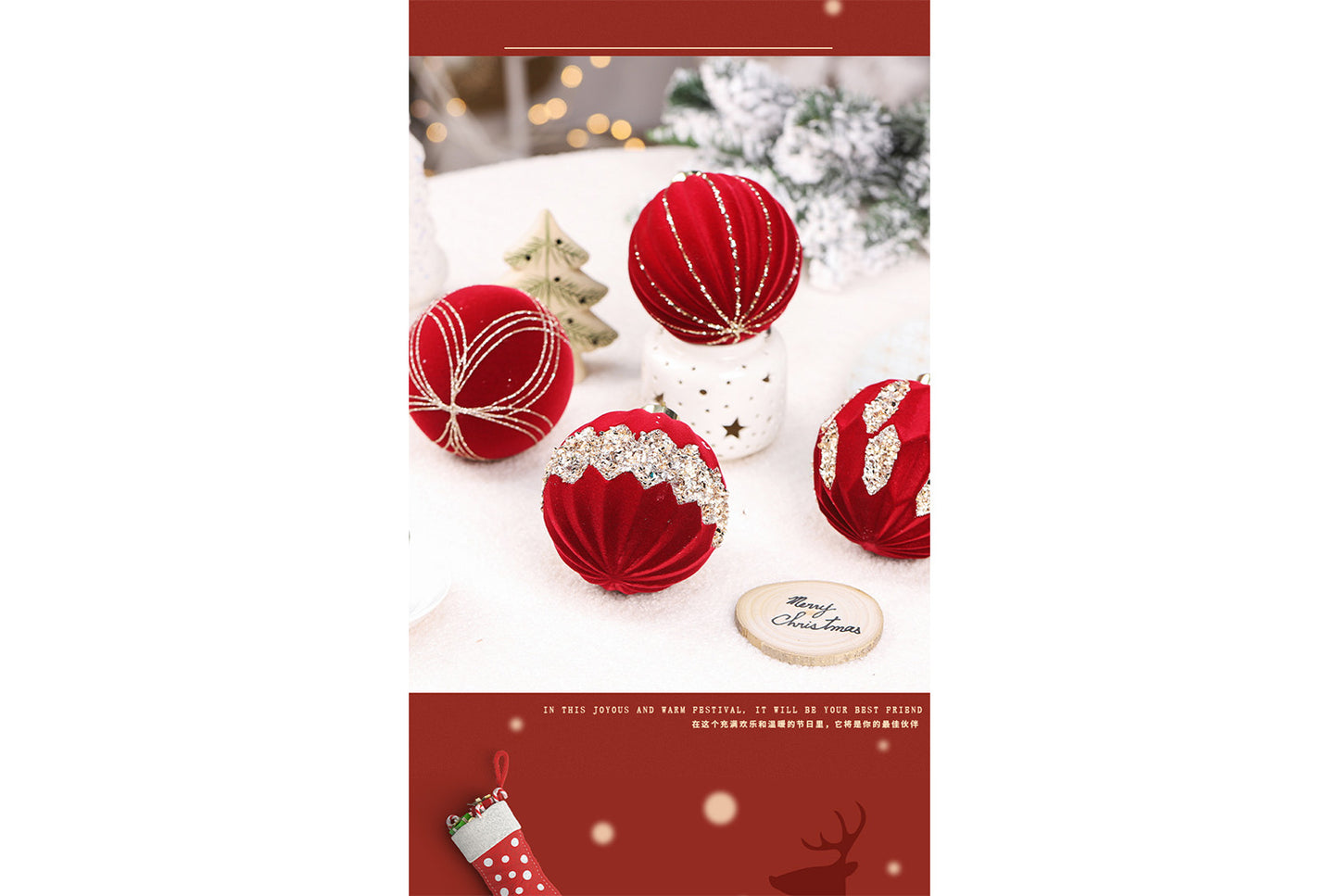 10cm Colored Diamond Flocked Christmas Ball Pendant Set (4-Pack)