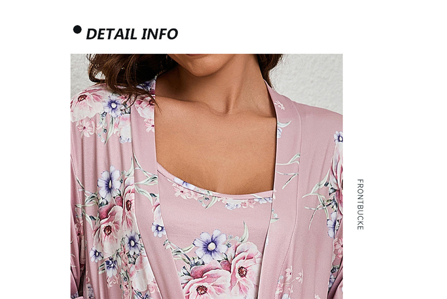 **Three-piece loungewear set with robe, suspenders, and pants**