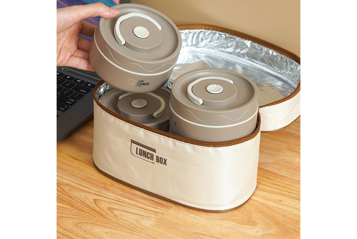 **304 Stainless Steel Insulated Lunch Box (Beige Two-Piece Microwave Oven Set)**