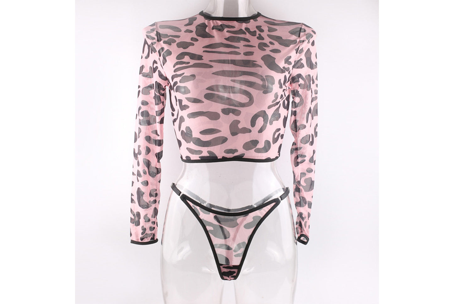 **Leopard Print Seamless Breathable Long-Sleeved Sexy Lingerie Set**