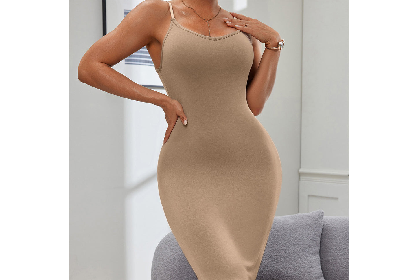 **Solid Color Slimming Slip Dress with Waist and Hip Lifting**
