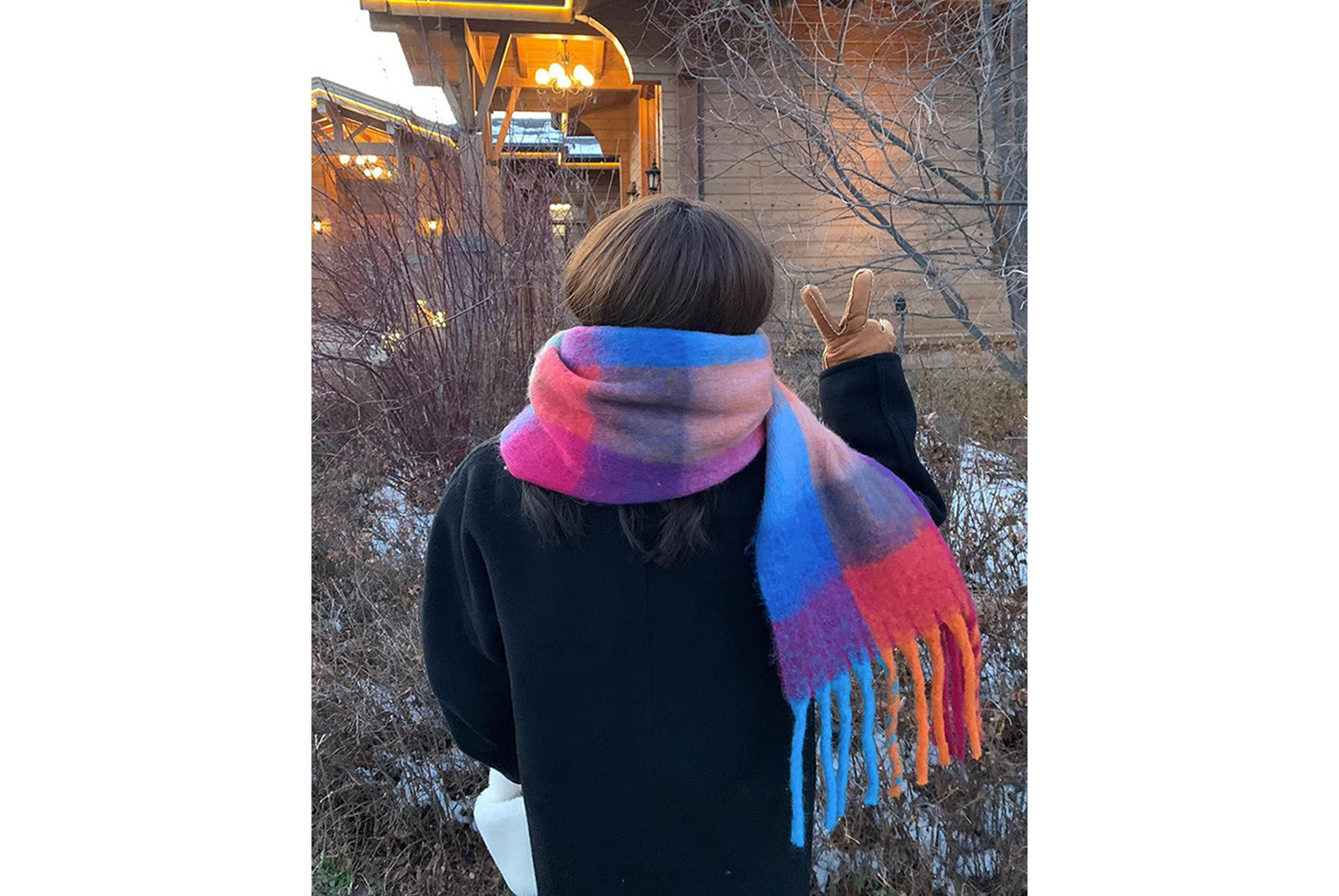 **Rainbow Color-Blocked Checkered Thick Scarf**