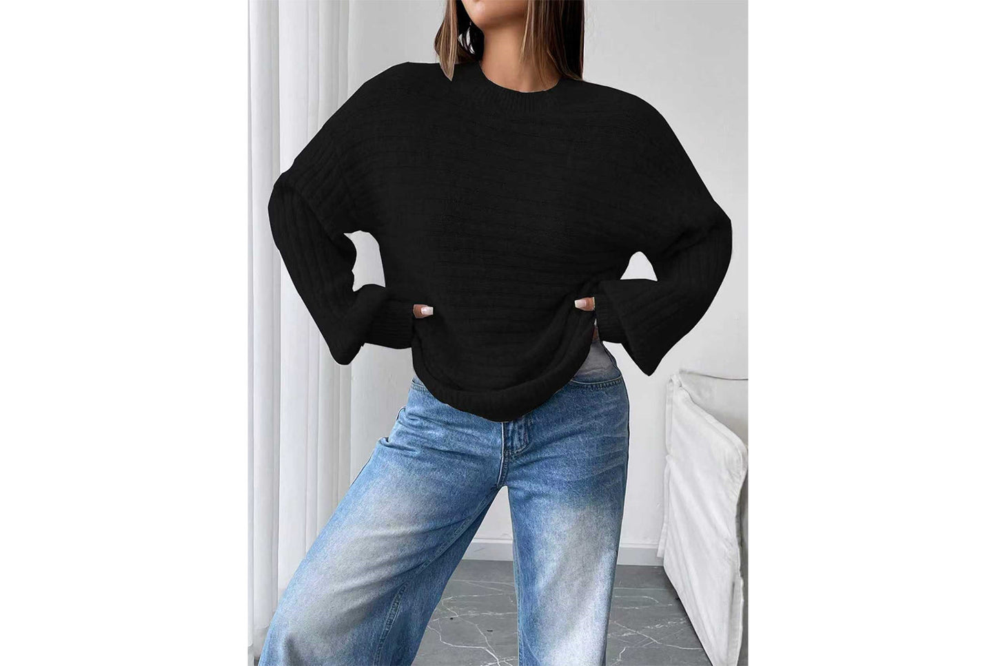 Loose-fitting Ribbed Knit Sweater