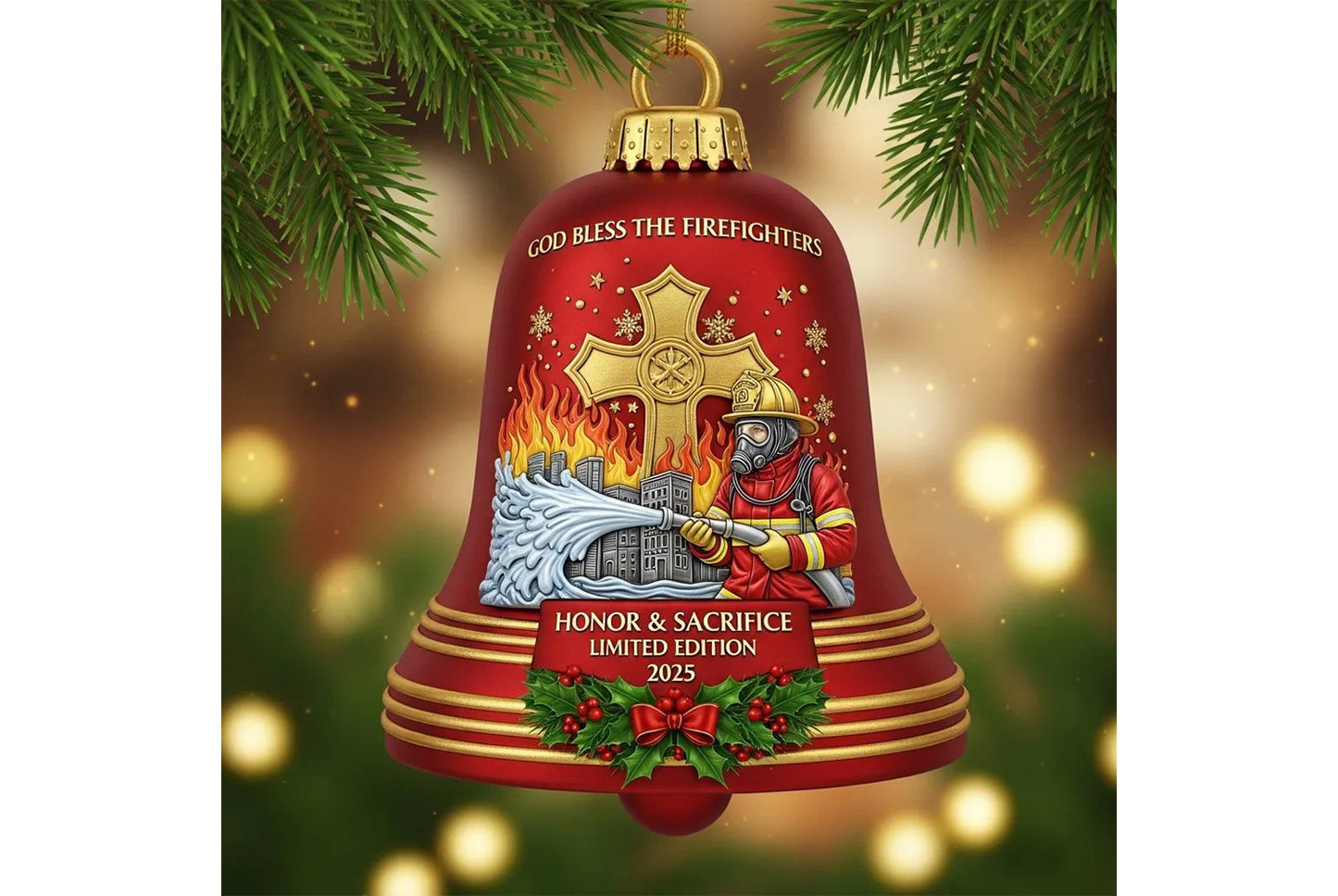 **Firefighter Christmas Bell Ornament | Metal Holiday Ornament**