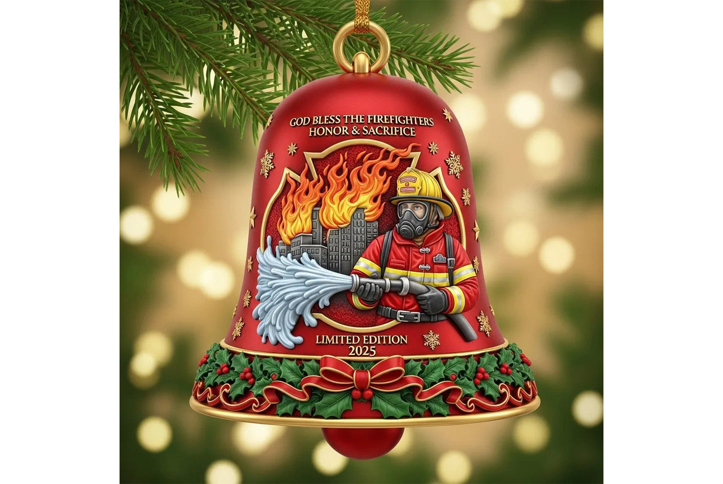 **Firefighter Christmas Bell Ornament | Metal Holiday Ornament**