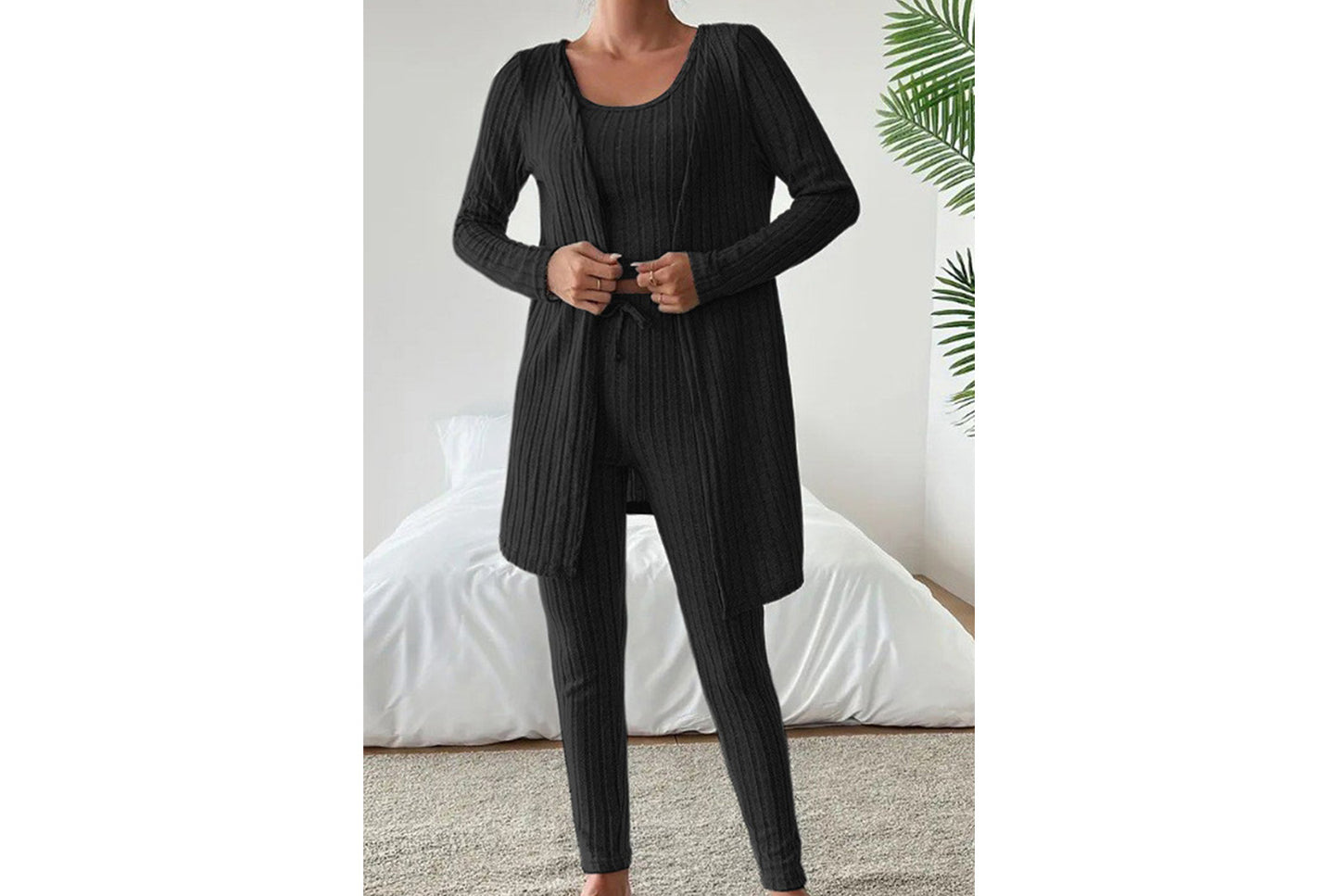 **Designed Round Neck Ribbed Casual Solid Color Women's Three-Piece Set**