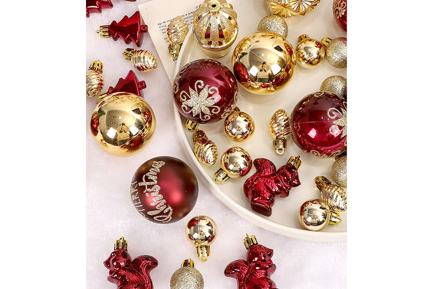 42 Painted Christmas Ball Set - Burgundy and Gold Christmas Tree Ornaments