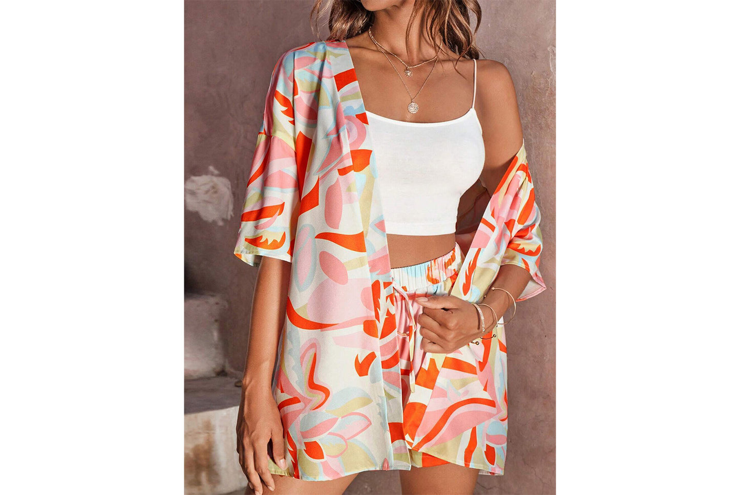 **Summer Casual Printed Cardigan and Shirt Set**