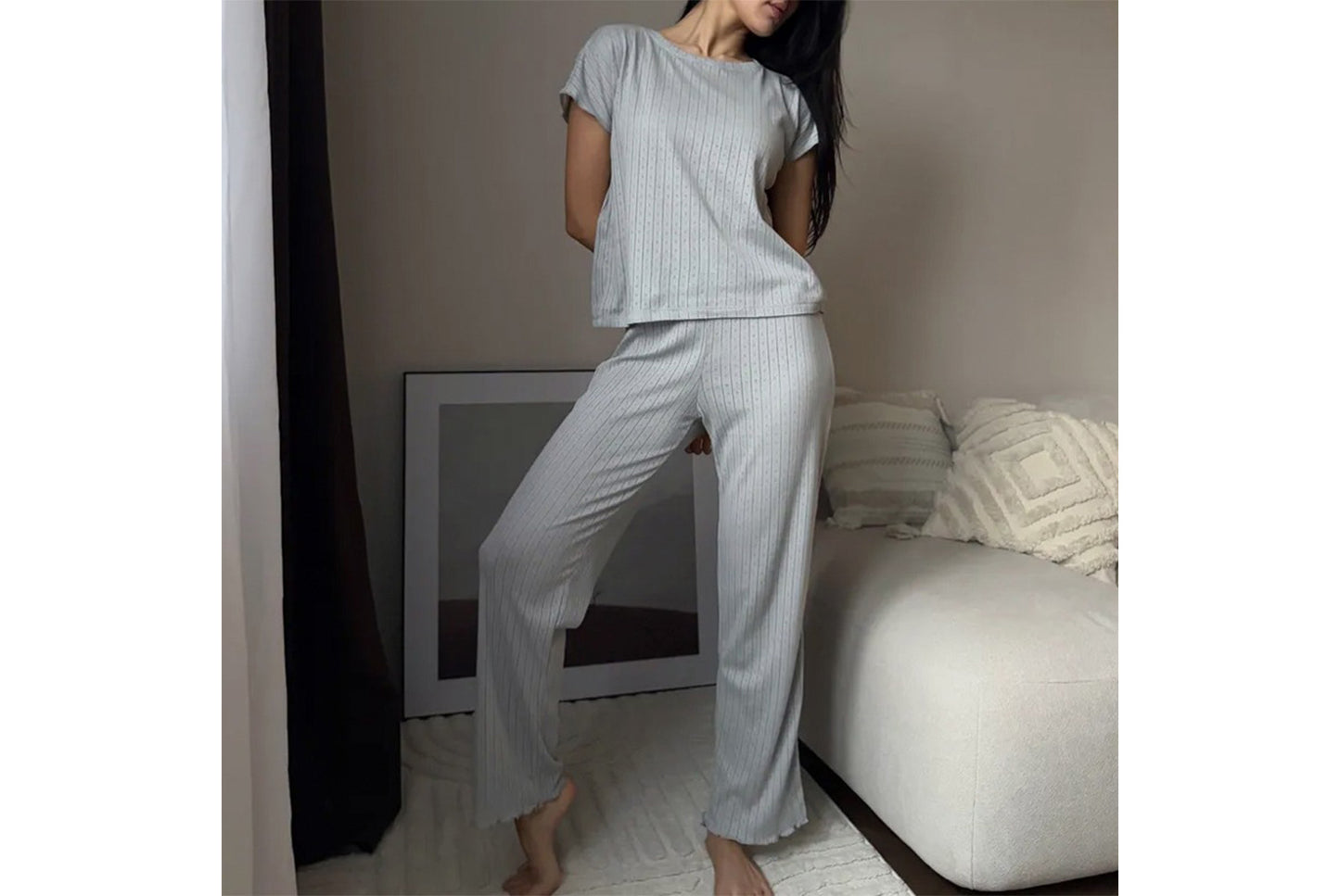 **Women's Jacquard Short-Sleeved Long Pants Pajama Set**
