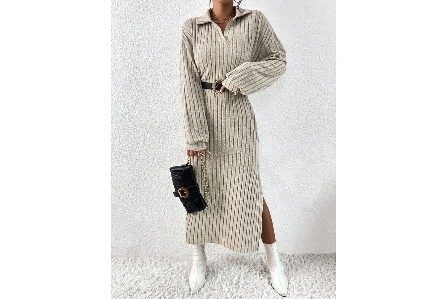 Solid Color Off-Shoulder Slit Dress(No belt)
