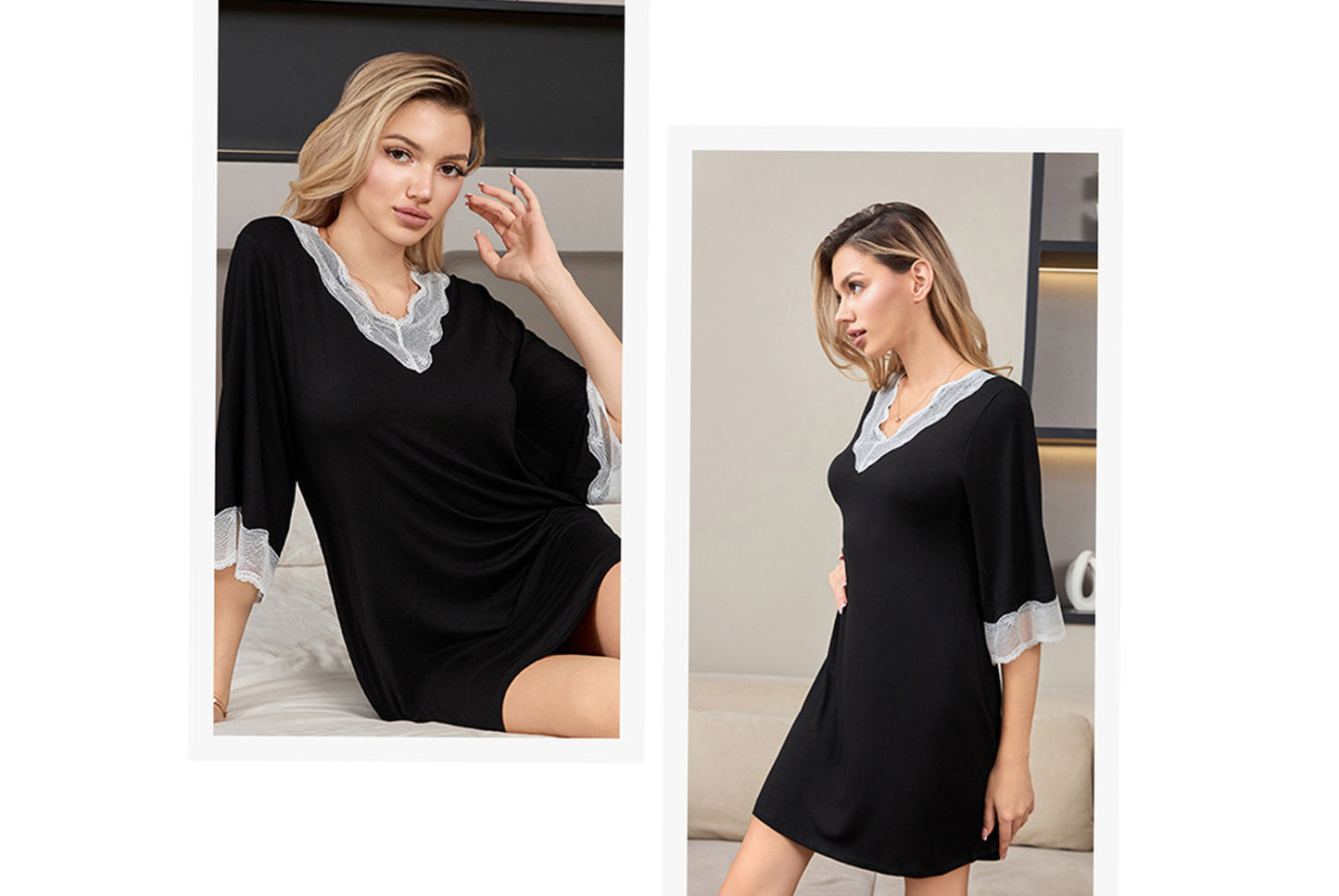 **Lace-Panel Sexy V-Neck Pure Modal Cotton Loungewear**