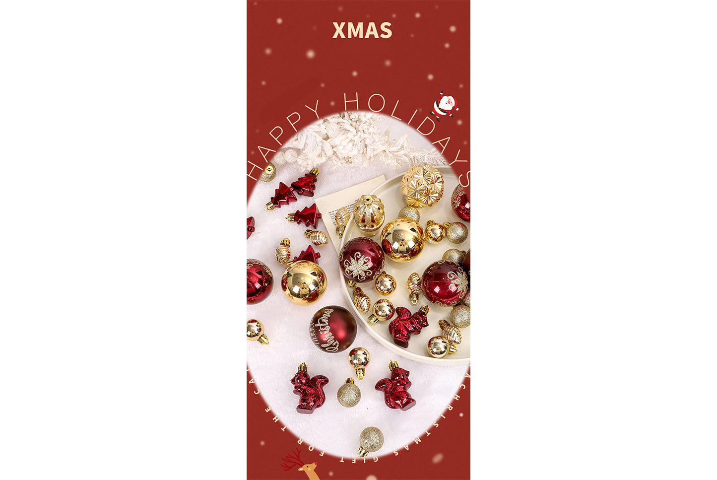 42 Painted Christmas Ball Set - Burgundy and Gold Christmas Tree Ornaments