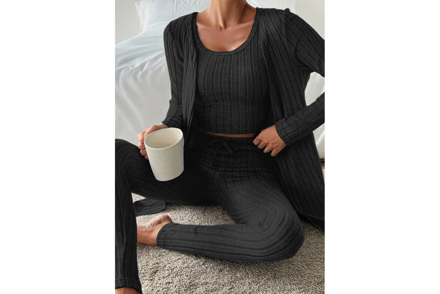 **Designed Round Neck Ribbed Casual Solid Color Women's Three-Piece Set**