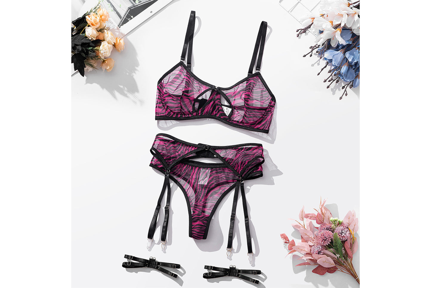 **Sexy Thin Patterned Bra Set - Mesh Printed Underwire Bra**