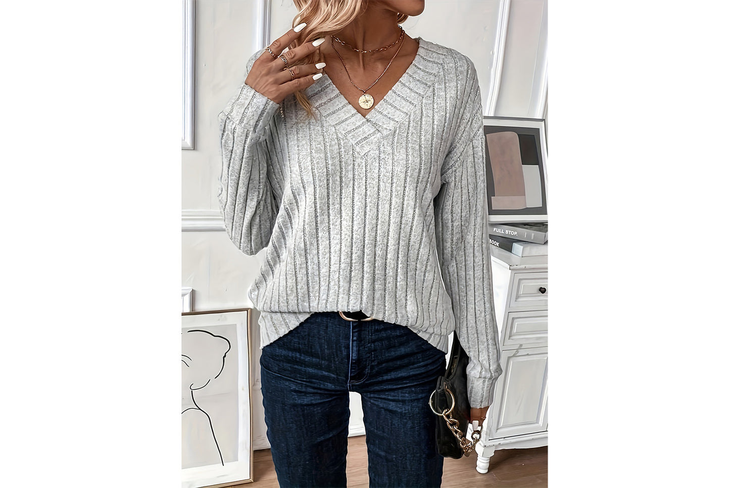 V-Neck Ribbed Long-Sleeve Top