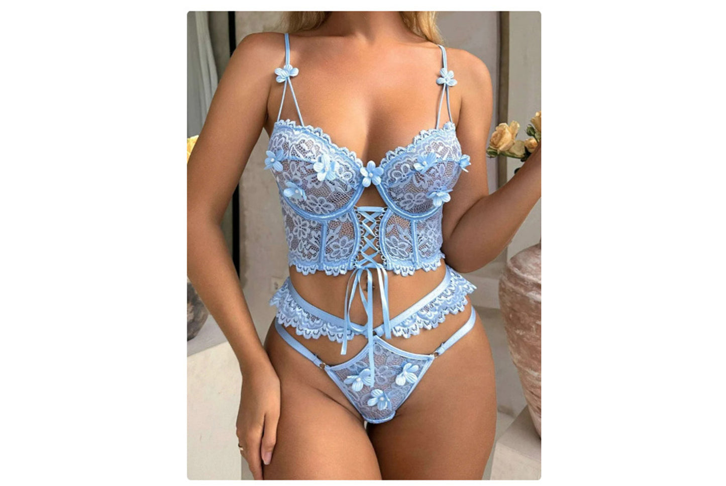 **Underwire Lace Bra Set - 3D Floral Sheer Sexy Lingerie**
