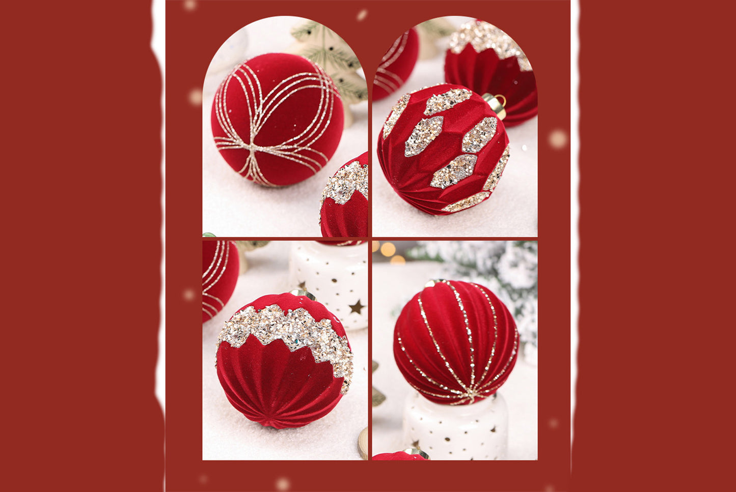 10cm Colored Diamond Flocked Christmas Ball Pendant Set (4-Pack)