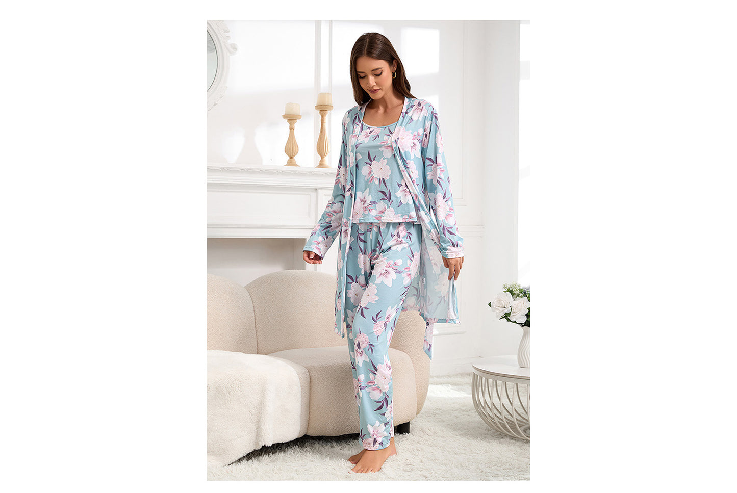 **Three-Piece Nightgown, Pants, and Suspender Nightdress Set**