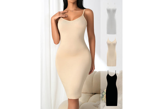 **Solid Color Slimming Slip Dress with Waist and Hip Lifting**