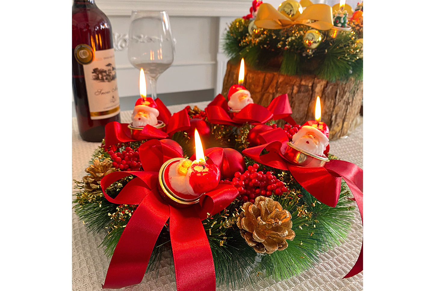 Christmas Candlestick Wreath - Simulated Pine Cone Decorative Wreath