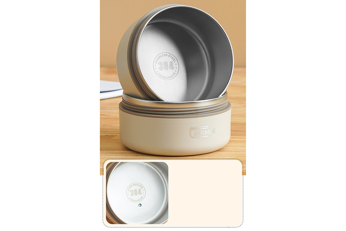 **304 Stainless Steel Insulated Lunch Box (Beige Two-Piece Microwave Oven Set)**