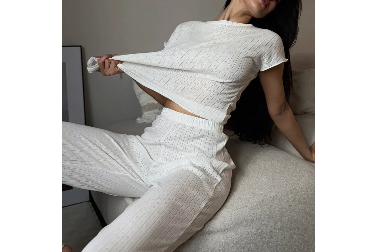 **Women's Jacquard Short-Sleeved Long Pants Pajama Set**