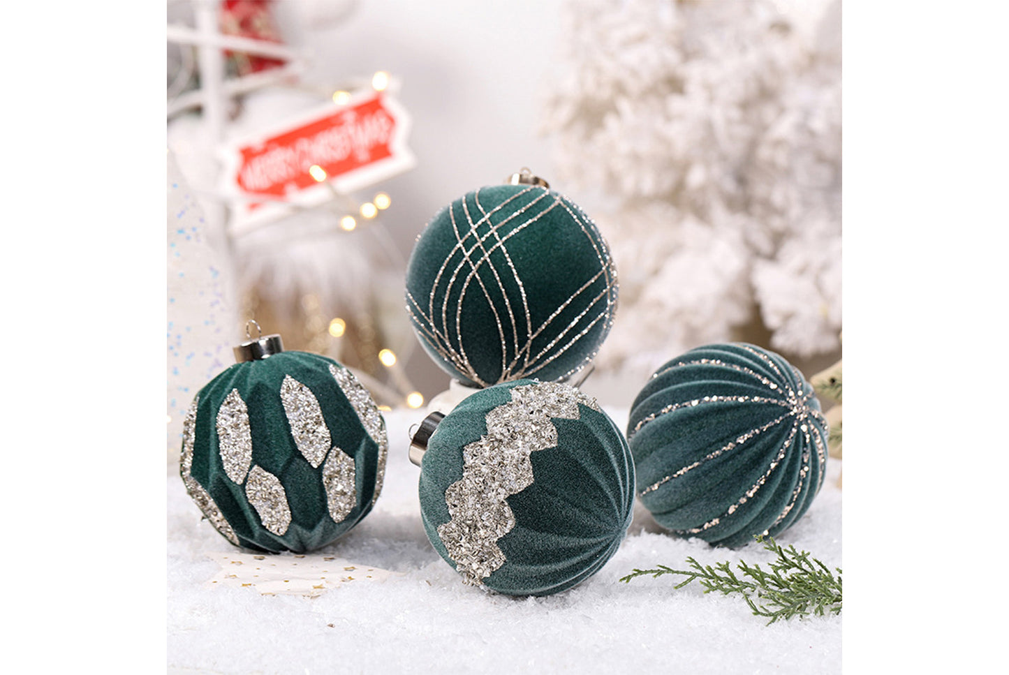 10cm Colored Diamond Flocked Christmas Ball Pendant Set (4-Pack)