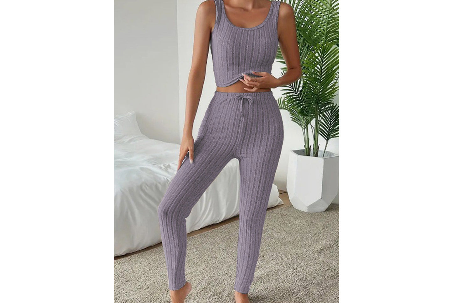 **Designed Round Neck Ribbed Casual Solid Color Women's Three-Piece Set**