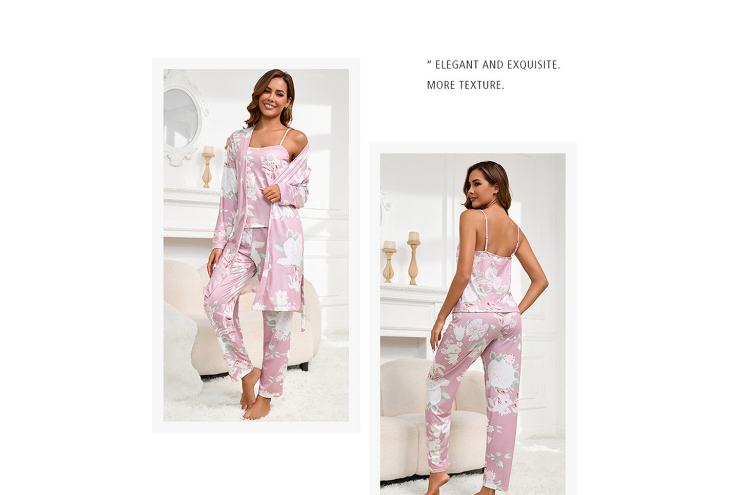**Three-piece loungewear set with robe, suspenders, and pants**