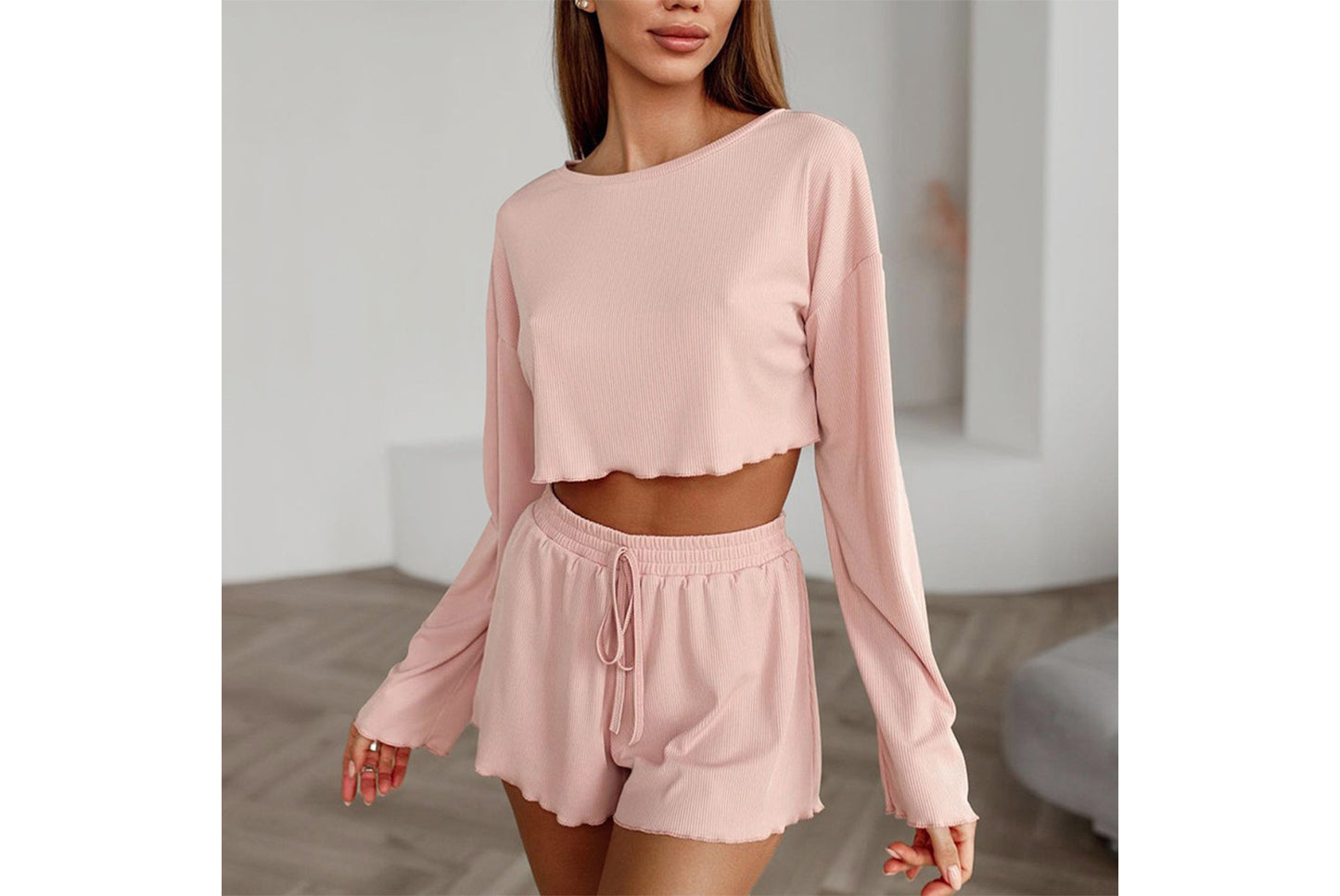 Girl-Style Knitted Midriff-Baring Pajama Set