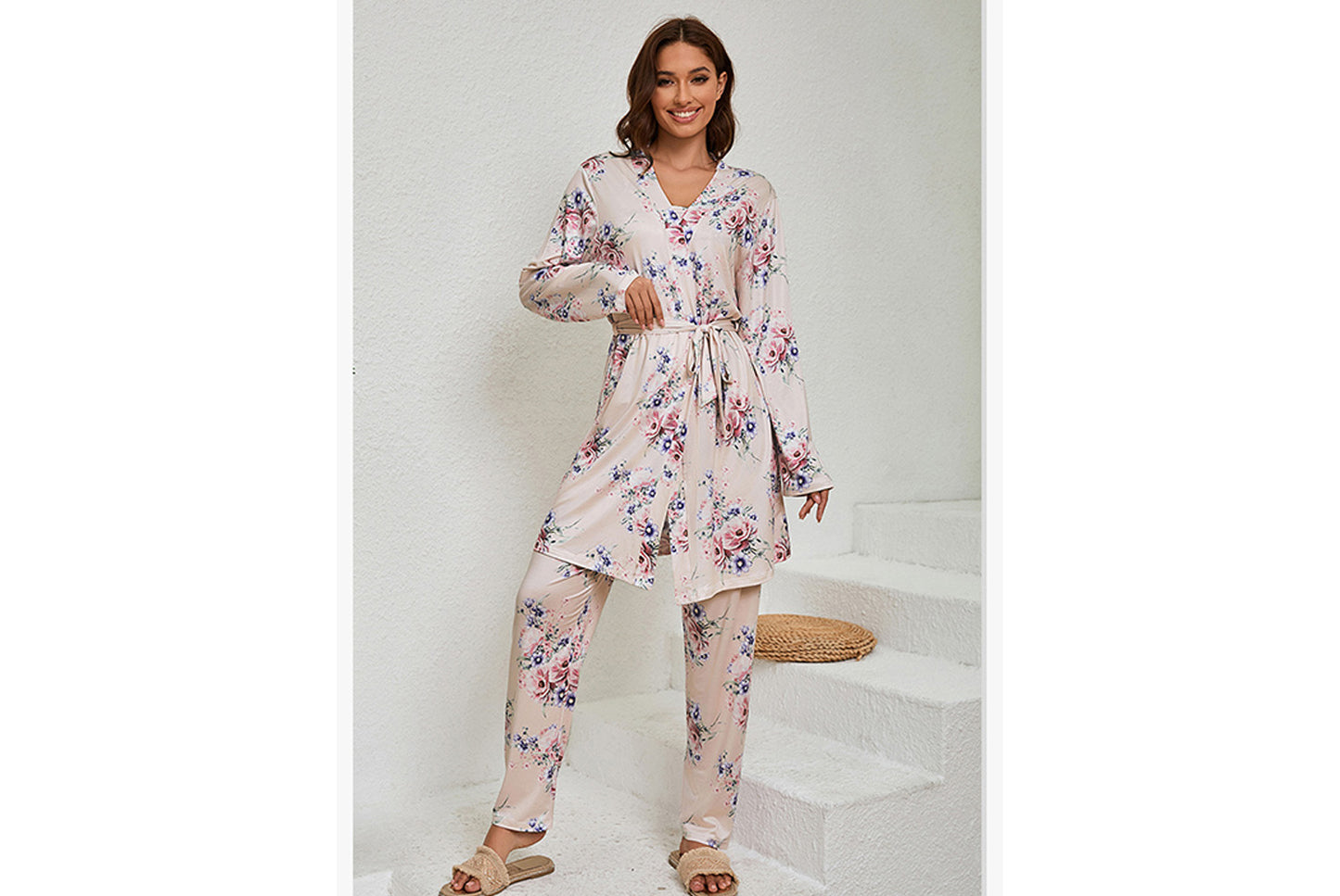 **Three-piece loungewear set with robe, suspenders, and pants**