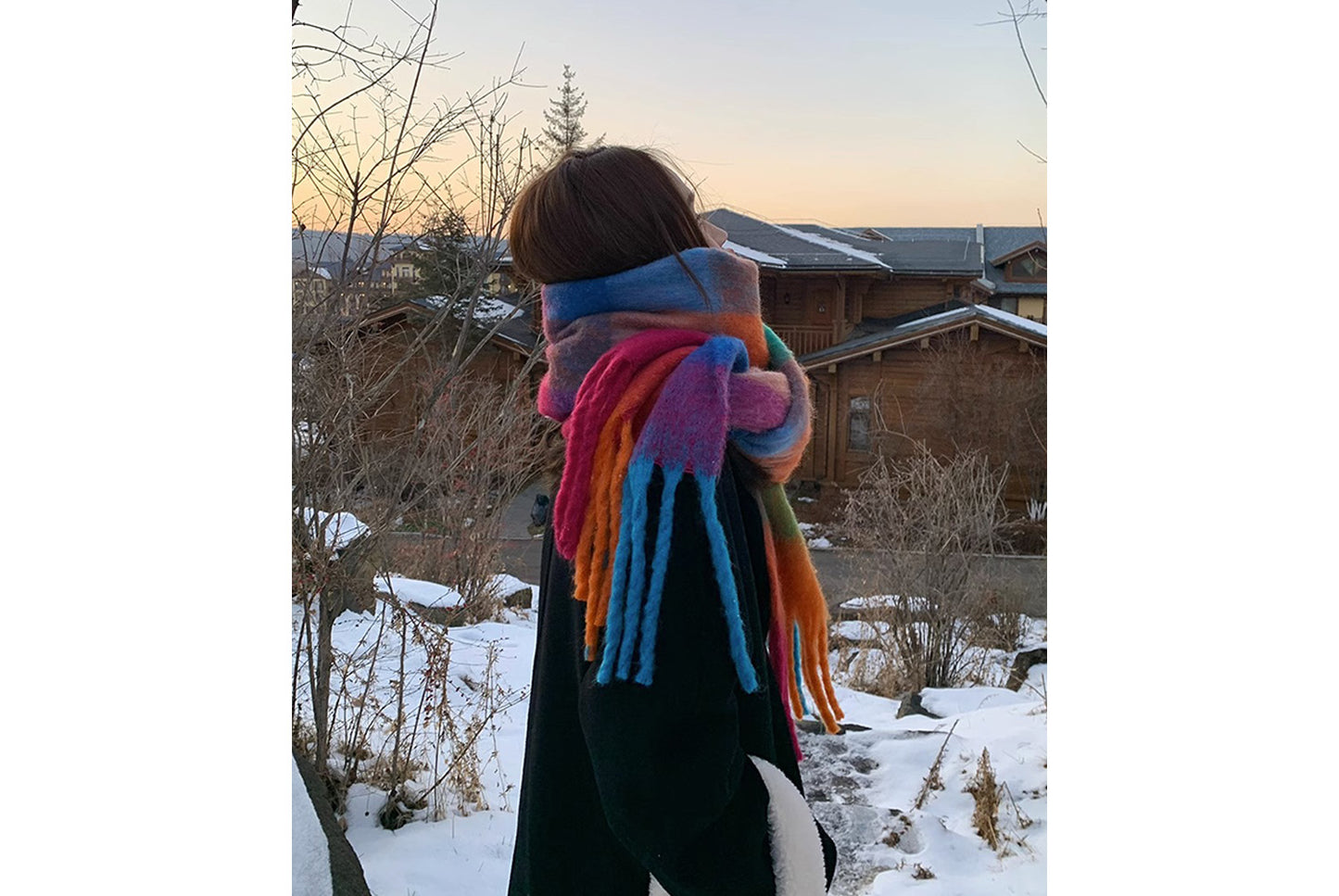 **Rainbow Color-Blocked Checkered Thick Scarf**