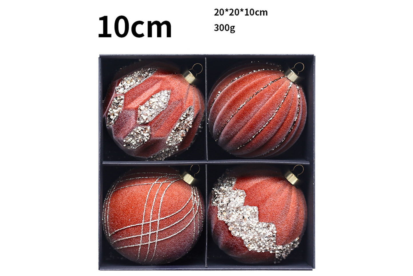 10cm Colored Diamond Flocked Christmas Ball Pendant Set (4-Pack)