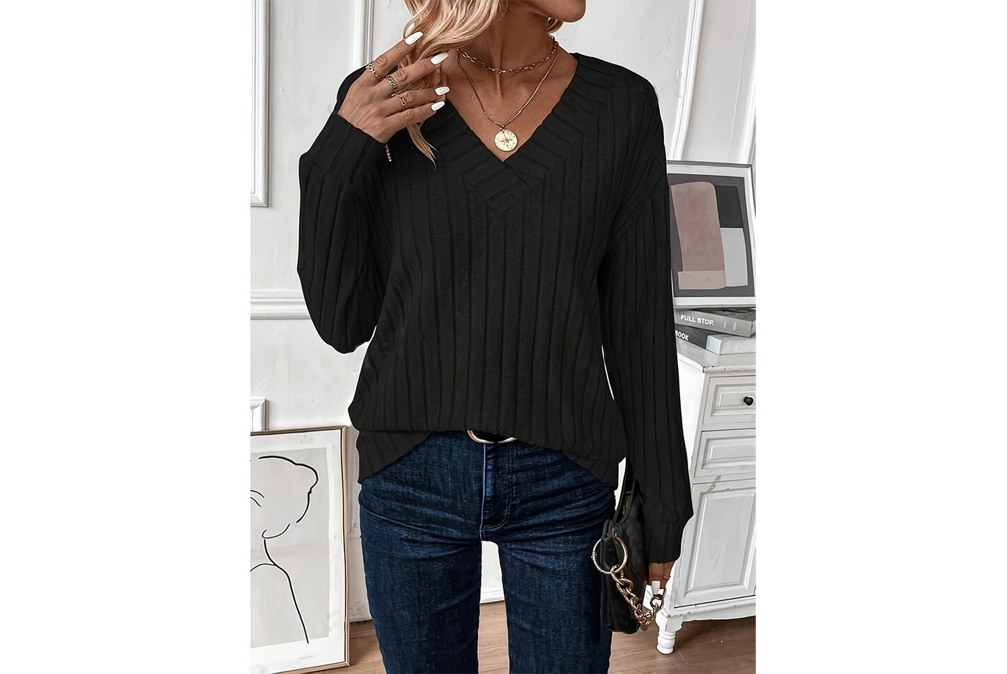 V-Neck Ribbed Long-Sleeve Top