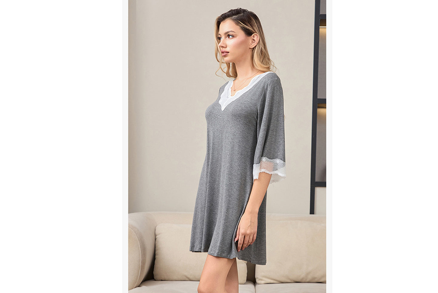 **Lace-Panel Sexy V-Neck Pure Modal Cotton Loungewear**