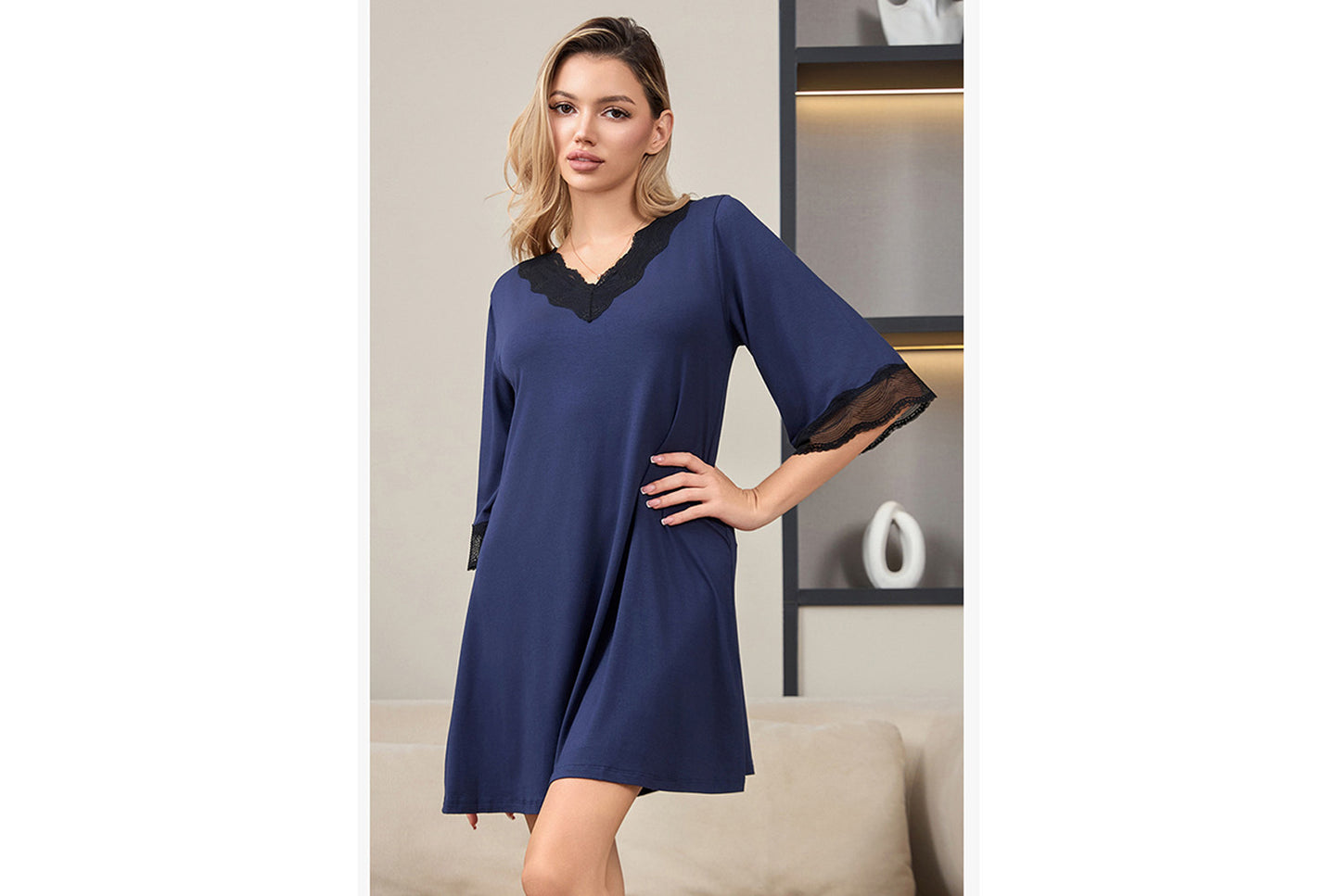 **Lace-Panel Sexy V-Neck Pure Modal Cotton Loungewear**