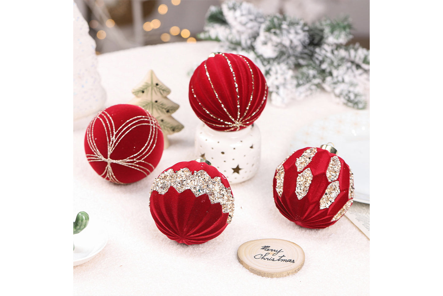 10cm Colored Diamond Flocked Christmas Ball Pendant Set (4-Pack)