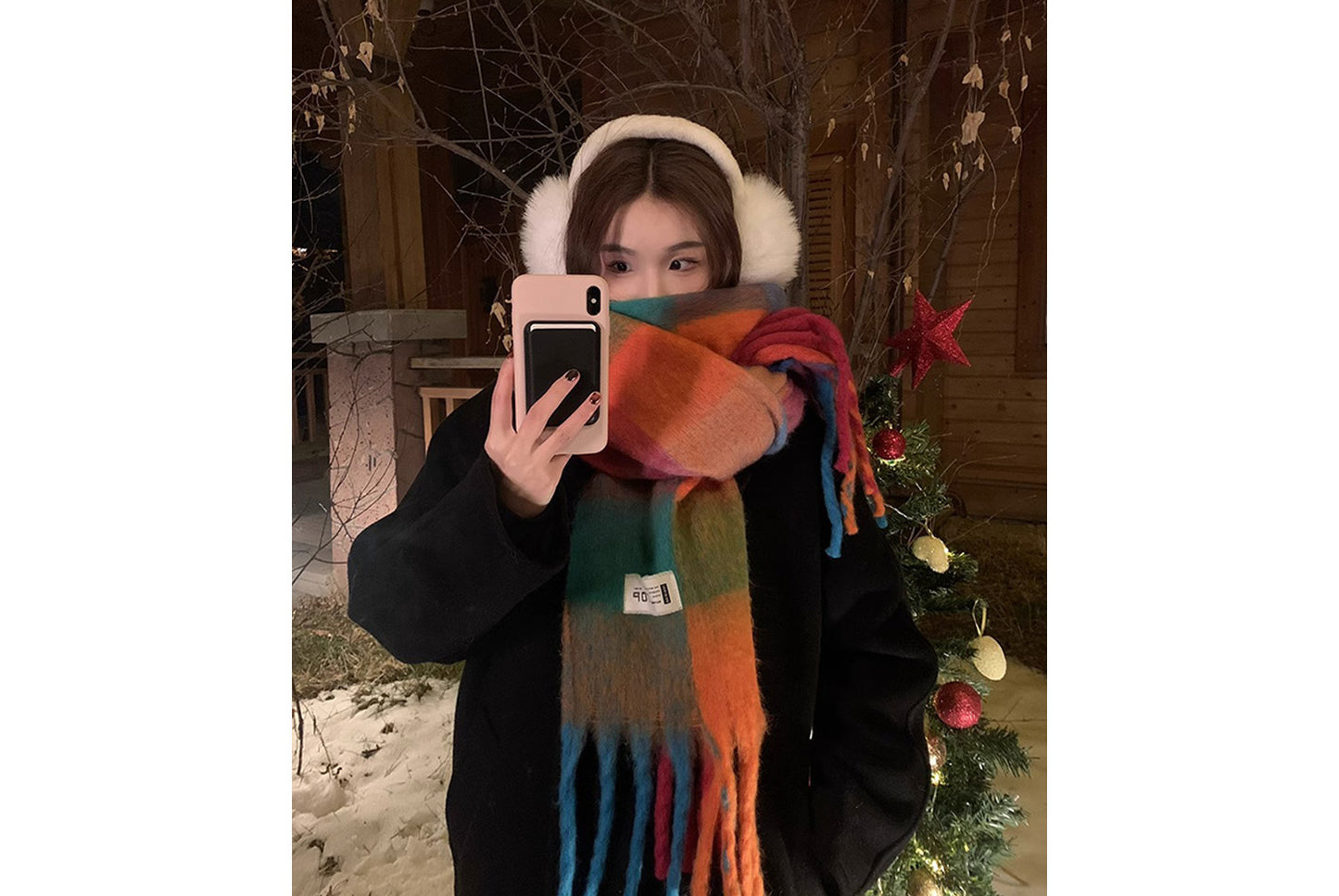 **Rainbow Color-Blocked Checkered Thick Scarf**