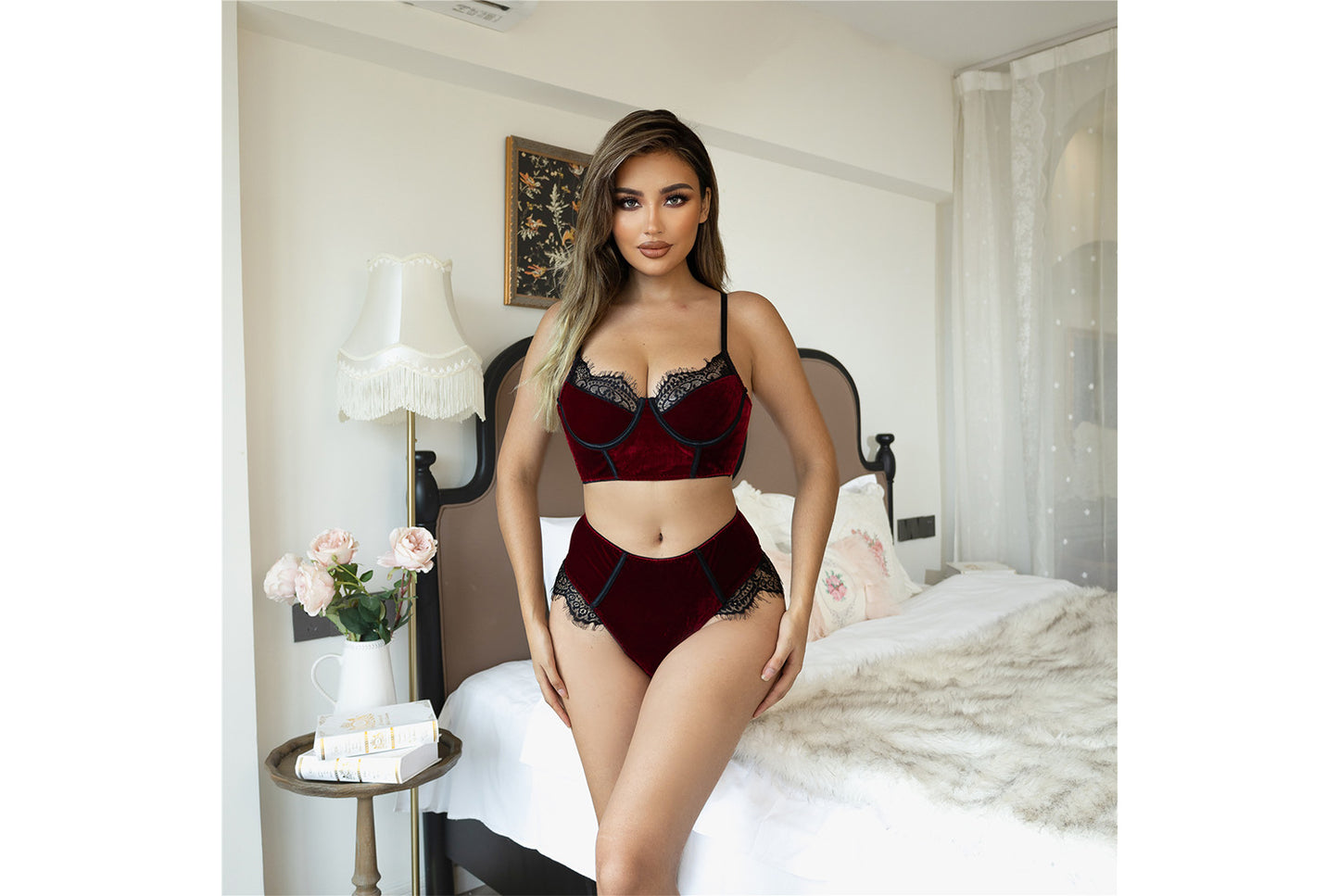 **Burgundy Velvet Lace Sexy Lingerie Set**