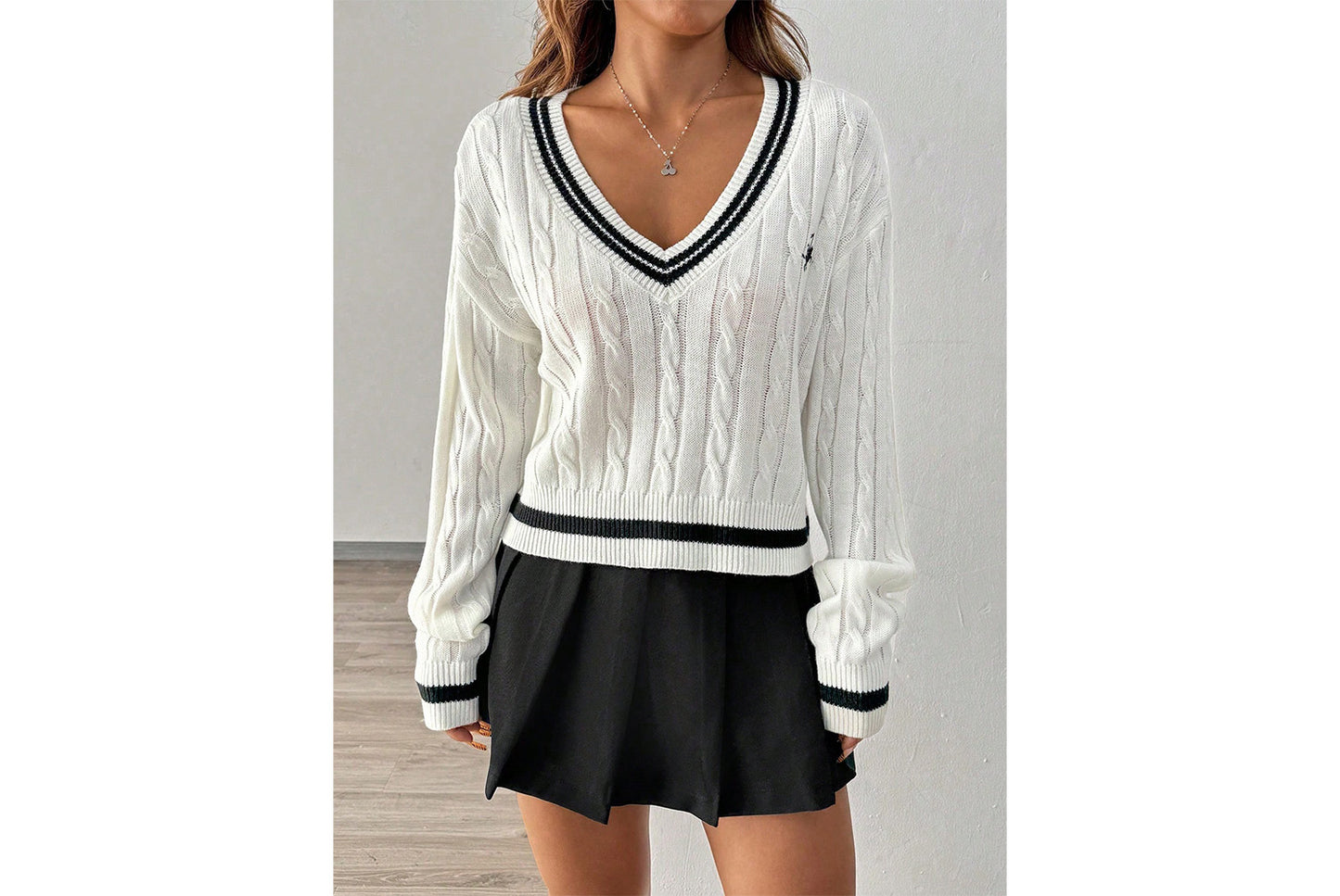 V-Neck Color-Blocked Cable Knit Sweater