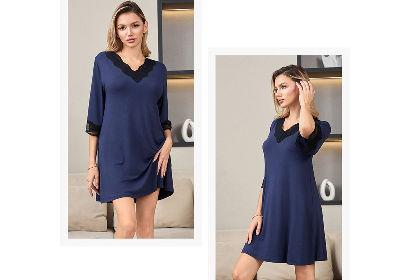 **Lace-Panel Sexy V-Neck Pure Modal Cotton Loungewear**