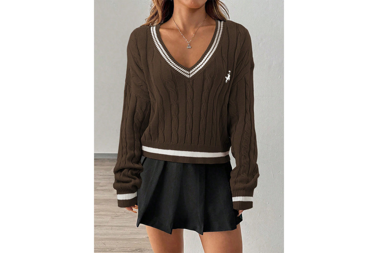 V-Neck Color-Blocked Cable Knit Sweater