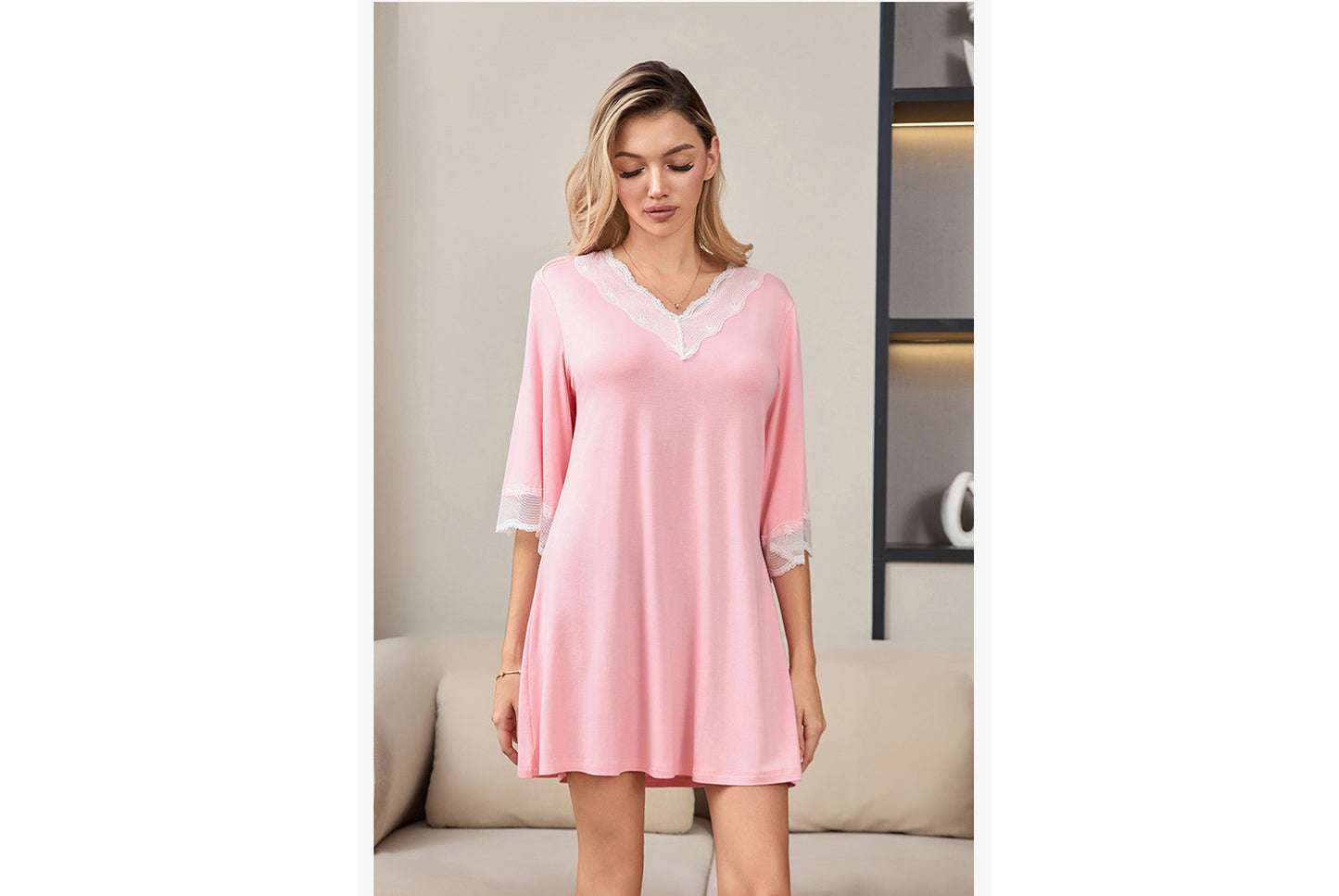 **Lace-Panel Sexy V-Neck Pure Modal Cotton Loungewear**