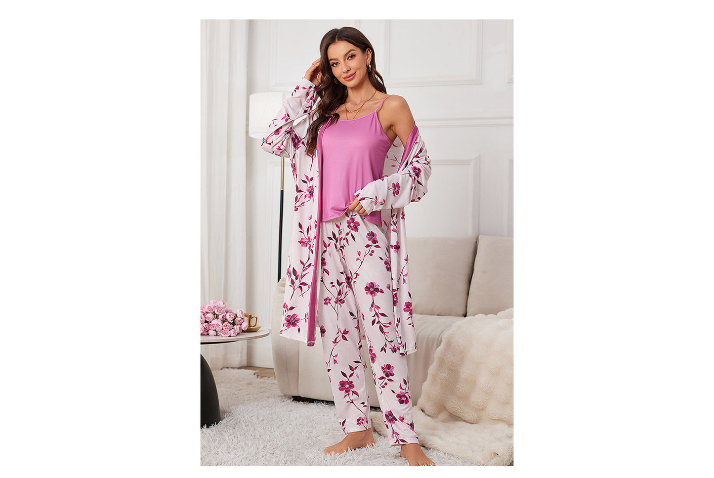 **Three-Piece Nightgown, Pants, and Suspender Nightdress Set**